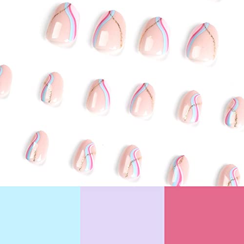 Press on Nails Short French Fake Nails Almond Stick on Nails Round Head Acrylic Nails with Designs Glue on Nails French Colorful Swirl False Nails with Glue Glossy Pink Artificial Nails for Women - Image 6