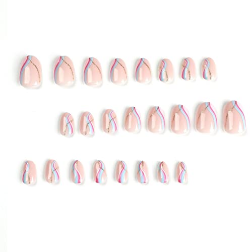 Press on Nails Short French Fake Nails Almond Stick on Nails Round Head Acrylic Nails with Designs Glue on Nails French Colorful Swirl False Nails with Glue Glossy Pink Artificial Nails for Women - Image 2