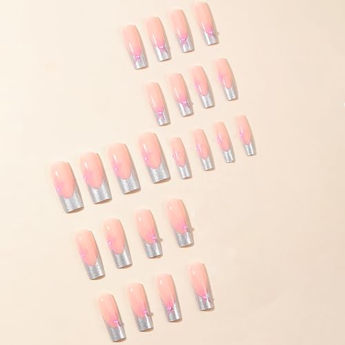 Y2K Press on Nails Long Square MABKJLF Sliver French Tip Fake Nails Pink Full Cover Star False Nails with Designs Pearl Glitter Glossy Glue on Nails Acrylic Manicure Artificial Nails for Women Girls - Image 5
