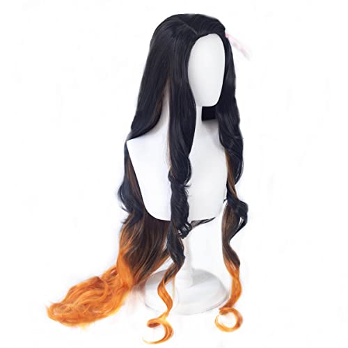 Kamado Nezuko Cosplay Wig Anime Long Curly Black Gradient Orange Women Hair Halloween party Costumes wig + free wig cap - Image 3