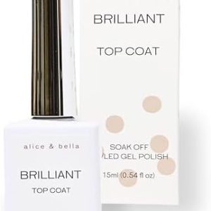Alice & Bella Brilliant No Wipe Gel Top Coat Fast Curing with any UV Light Lamp. Clear Gel Nail Coat for any Gel, Polish, Nail Art, Semi Cured Gel Nail Strips, UV Stickers