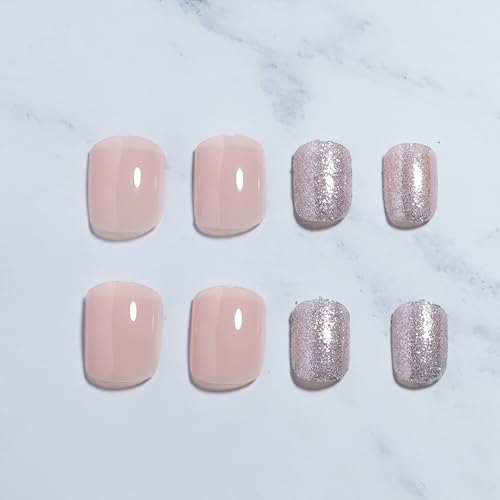 Glitter Press on Nails Short Square Fake Nails Glossy Nude Pink Glue on Nails Sliver Glitter Coffin False Nails Light Pink Artificial Nails for Women Girls Acrylic Nails Decorations 24Pcs - Image 4