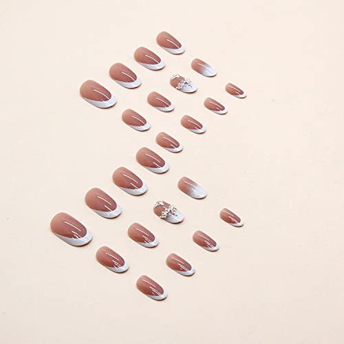 Almond Press on Nails Medium Fake Nails Acrylic Press on Nails Cute Fake Nails for Women Girls (white french tip rhinestone) - Image 3