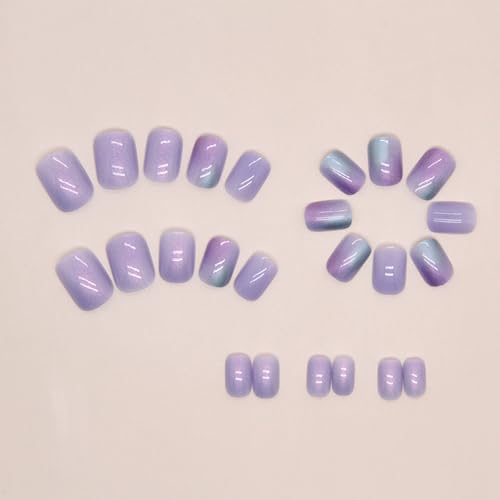 24 Pcs Light Purple Press on Nails Short Square - BHLFRH Festival Cute Fake Nails Press ons Nail Art Tip Full Cover False Nails Glue on Nails with Aurora Glitter Design Stick on Nails Acrylic Kit Set - Image 4