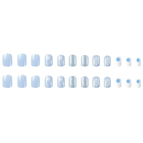 Christmas Press on Nails Short Square Winter Fake Nails Blue Full Cover White Snow Xmas Tree False Nails with Designs Glitter Glossy Glue on Nails Manicure Artificial Nails for Women Girls 24Pcs - Image 4