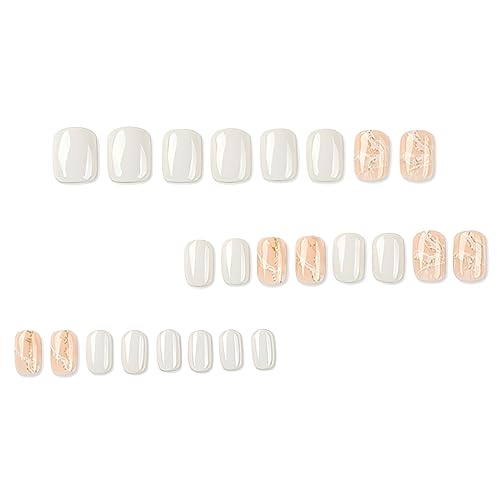 Square Press on Nails Short White Pink Fake Nails with Gold Foil Design Acrylic Nails Full Cover Stick on Nails Glue on Nails for Women 24 Pcs - Image 2