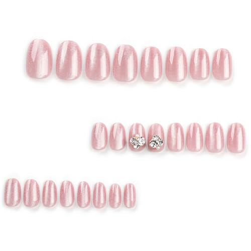 Cat Eye Press on Nails Short Oval Fake Nails with Rhinestones Design Gel Glue on Nails for Women Girls Full Cover Acrylic False Stick on Nail Manicure for Wedding 24Pcs - Image 2