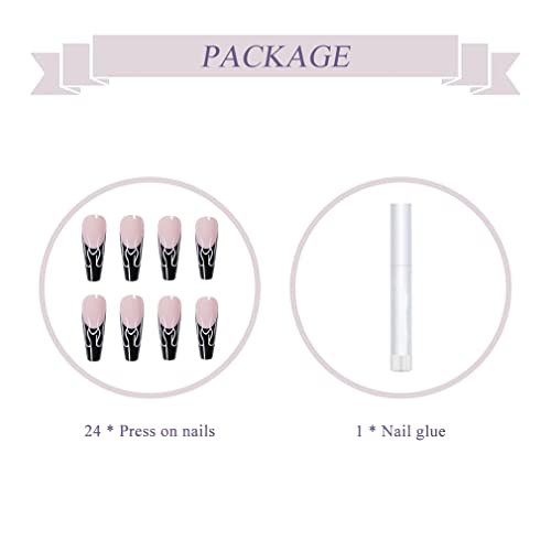 BABALAL Long Press on Nails Coffin Fake Nails Black French Tip Glue on Nails Glossy Acrylic Nails Falme Design Ballerina False Nails for Women and Girls - Image 4