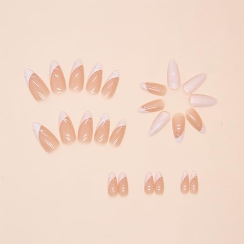 White French Tip Press on Nails Medium Fake Nails Almond False Nails with Designs Glitter Swirl Glue on Nails Press ons Glossy Full Cover Acrylic Artificial Stick on Nails for Women Manicure 24Pcs - Image 3