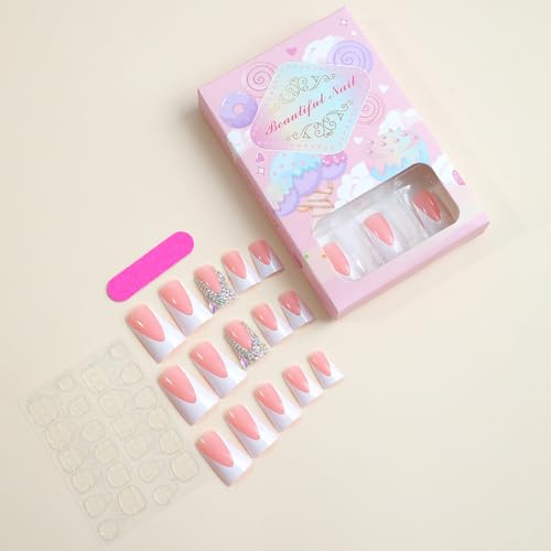 Medium Square French Tip Press on Nails Duckbill Design Rhinestones Reusable - Image 6