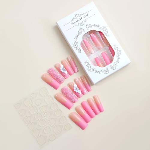 Flower Press on Nails Long Coffin Fake Nails with Designs White and Pink Stick on Nails French Tip Nails Press on Acrylic Nails Glossy Rhinestones Full Cover Artificial False Nails for Women and Girls - Image 6
