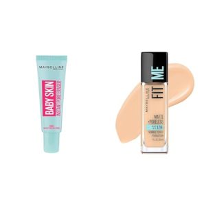 Maybelline Baby Skin Instant Pore Eraser Primer Makeup, Clear, 1 Count & Fit Me Matte + Poreless Liquid Oil-Free Foundation Makeup, Classic Ivory, 1 Count (Packaging May Vary)