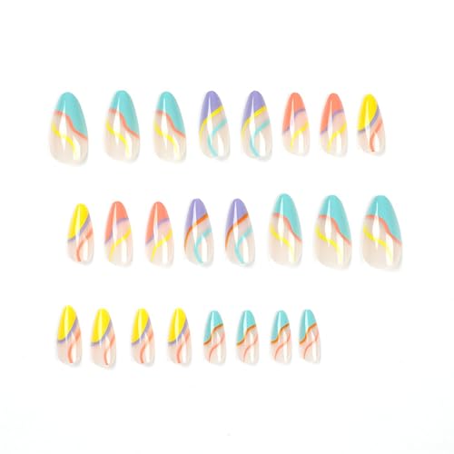 Colorful Tips Press on Nails Medium Almond Fake Nails with Designs French Swirl Dopamine Style Nude Full Cover Acrylic Artificial Spring Oval False Nails Summer Glue on Nails for Women and Girls 24Pcs - Image 4