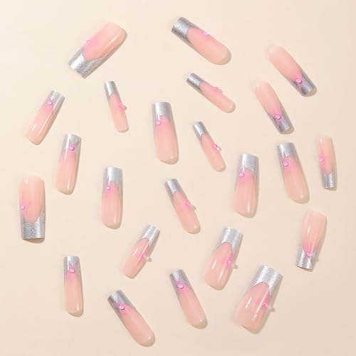Y2K Press on Nails Long Square MABKJLF Sliver French Tip Fake Nails Pink Full Cover Star False Nails with Designs Pearl Glitter Glossy Glue on Nails Acrylic Manicure Artificial Nails for Women Girls - Image 6