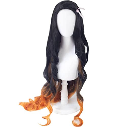 Kamado Nezuko Cosplay Wig Anime Long Curly Black Gradient Orange Women Hair Halloween party Costumes wig + free wig cap - Image 2