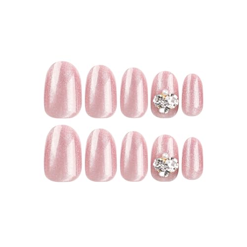 Cat Eye Press on Nails Short Oval Fake Nails with Rhinestones Design Gel Glue on Nails for Women Girls Full Cover Acrylic False Stick on Nail Manicure for Wedding 24Pcs - Image 3