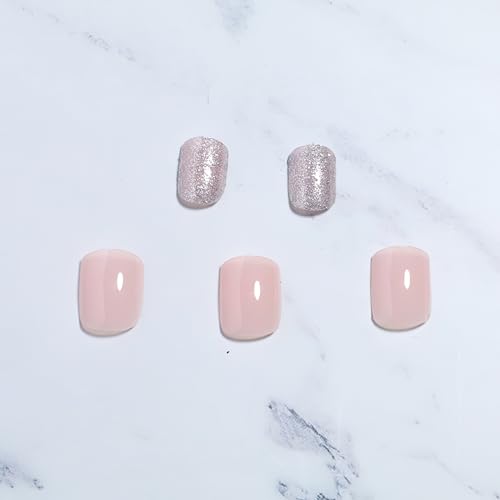 Glitter Press on Nails Short Square Fake Nails Glossy Nude Pink Glue on Nails Sliver Glitter Coffin False Nails Light Pink Artificial Nails for Women Girls Acrylic Nails Decorations 24Pcs - Image 5