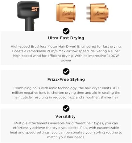 Supreme Trimmer Hair Dryer Negative Ion 110,000 RPM | Fast Drying & Low Noise Blow Dryer 1400W Brushless Motor | Magnetic Attachments, 3 Heat & 3 Speed Settings + Cool Shot | SHD347 Black - Image 6
