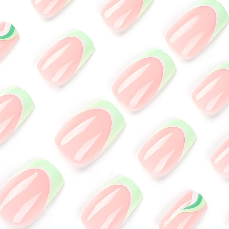 BABALAL Green St Patricks Day Press on Nails Medium Square Fake Nails French Tip Glue on Nails 24Pcs Swirl Acrylic Nails Squoval Nails for Women and Girls - Image 3