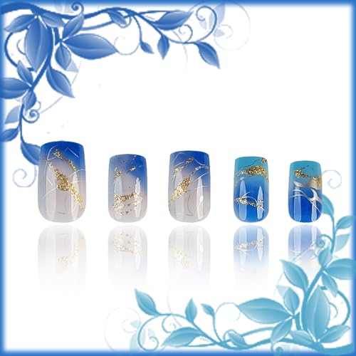 24 Piece Blue Gradient French Tip Press On Nails Sea Marble Glossy Gold Glitter Ombre Curve Acrylic - Image 3