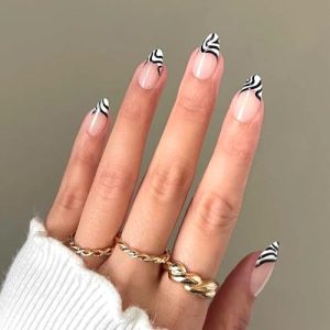 Press On Nails Medium Round French Zebra Stick On Nails With Glue Salon Effect Natural Fit Reusable Acrylic Stick On Nail Kit 14Size 28Pcs