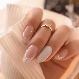 White French Tip Press on Nails Medium Fake Nails Almond False Nails with Designs Glitter Swirl Glue on Nails Press ons Glossy Full Cover Acrylic Artificial Stick on Nails for Women Manicure 24Pcs