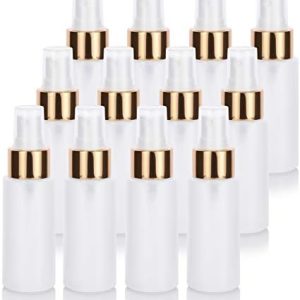 JUVITUS 2 oz Clear Natural Refillable Plastic Squeeze Bottle with Gold Metal Fine Mist Spray - (12 Pack)