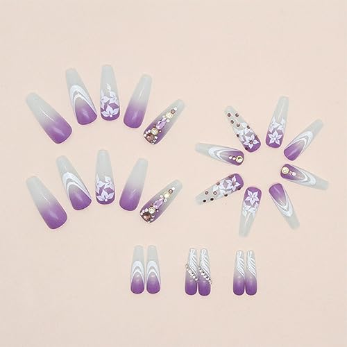 Coffin Press on Nails Long Fake Nails Ombre Purple False Nails with White Flower Printing&Rhinestone luxury Designs French Tip Nails Acrylic Artificial Nails Stick on Nails For Women Girls 24Pcs - Image 3