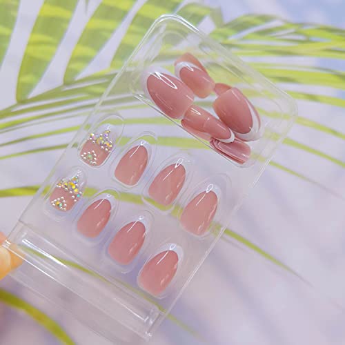 Almond Press on Nails Medium Fake Nails Acrylic Press on Nails Cute Fake Nails for Women Girls (white french tip rhinestone) - Image 6