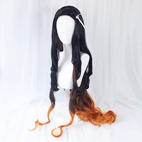 Kamado Nezuko Cosplay Wig Anime Long Curly Black Gradient Orange Women Hair Halloween party Costumes wig + free wig cap - Image 4