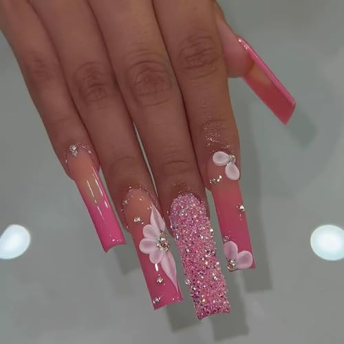 Flower Press on Nails Long Coffin Fake Nails with Designs White and Pink Stick on Nails French Tip Nails Press on Acrylic Nails Glossy Rhinestones Full Cover Artificial False Nails for Women and Girls - Image 3