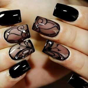 Short Press on Nails Square Fake Nails Black Acrylic False Nails with Black Vine Translucent Style Designs Artificial Glue on Nails Full Cover Nail Supplies Stick on Nails for Women and Girls 24 Pcs