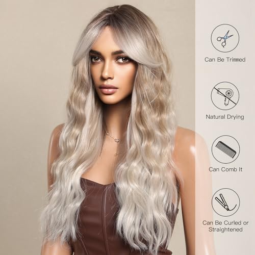 Allbell Long Platinum Blonde Wavy Wigs for Women Synthetic Curly Middle Part Wig with Side Bangs Natural Looking Heat Resistant Fibre for Daily Party Use - Image 2