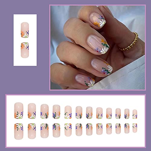 Spring Flowers Press on Nails - Medium Square,Purple White Flowers Fake Nails Glue on Nails,Natural Full Cover Stick on Nails False Nails Acrylic Nails Artificial Nails for Women 24Pcs/Set - Image 2