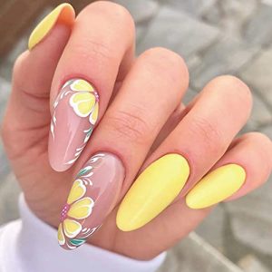 Glossy Almond Press on Nails Yellow Long Fake Nails Designed Cute Flower Ballerina Full Cover Artificial False Nails Tips for Women and Girls 24Pcs (Style A)