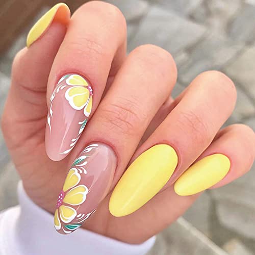 Glossy Almond Press on Nails Yellow Long Fake Nails Designed Cute Flower Ballerina Full Cover Artificial False Nails Tips for Women and Girls 24Pcs (Style A)
