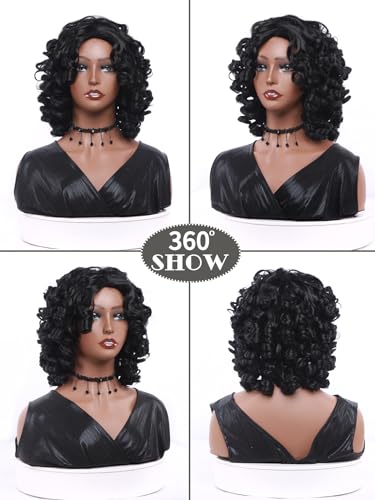 Short Curly Wigs for Black Women Afro Big Curly Black Wigs with Bangs Fluffy Natural Looking Synthetic Wigs for African American Women Daily Cosplay Party Use Soft Hair (Black) - Image 4