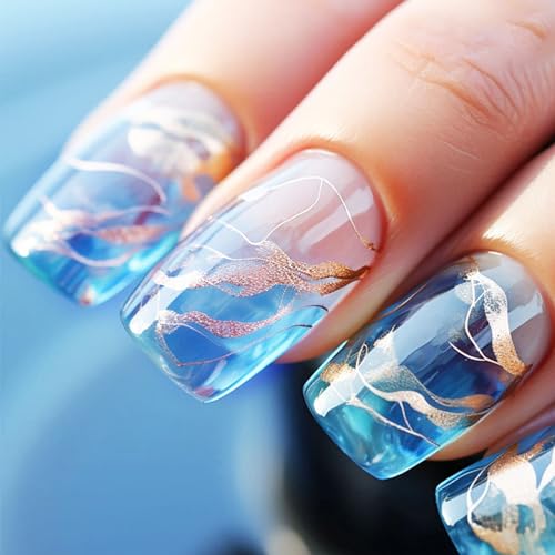 24 Piece Blue Gradient French Tip Press On Nails Sea Marble Glossy Gold Glitter Ombre Curve Acrylic