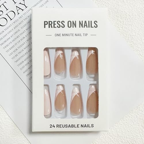 White French Tip Press on Nails Medium Fake Nails Almond False Nails with Designs Glitter Swirl Glue on Nails Press ons Glossy Full Cover Acrylic Artificial Stick on Nails for Women Manicure 24Pcs - Image 2