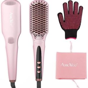Ionic Hair Straightener & Curling Brush, Heated Flat Iron Brush, AmoVee Thermal Hair Straightener Brush, MCH 20s Fast Heating up, 15 Adjustable Temp 170℉-450℉, Auto Temp Lock, Dual Voltage