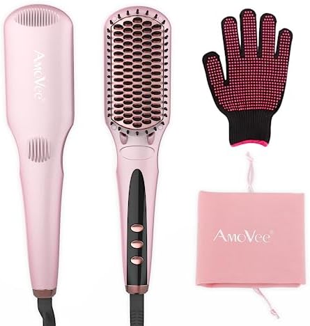 Ionic Hair Straightener & Curling Brush, Heated Flat Iron Brush, AmoVee Thermal Hair Straightener Brush, MCH 20s Fast Heating up, 15 Adjustable Temp 170℉-450℉, Auto Temp Lock, Dual Voltage