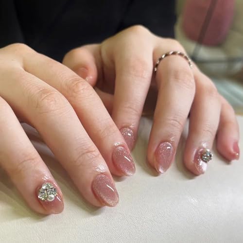Cat Eye Press on Nails Short Oval Fake Nails with Rhinestones Design Gel Glue on Nails for Women Girls Full Cover Acrylic False Stick on Nail Manicure for Wedding 24Pcs