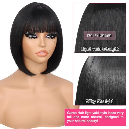 10 Inch Light Yaki Bob Wigs for Black Women Wear And Go Glueless Wig Short Straight Blunt Cut Bob Wig With Bangs 180% Density Natural Hairline Synthetic Bangs Wig for Daily Party Use(Black) - Image 4