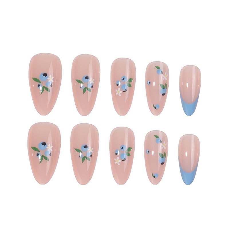 Baby Blue Tips French Almond Press on Nails with Cute Flowers Design, Long Almond Fake Nails Art, Glossy Nude Fake Nails Kit, 24 pieces EALGA-LA031 - Image 5