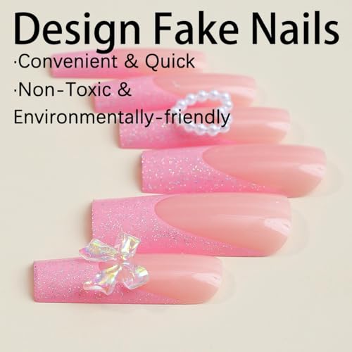 24Pcs Pink Coffin Nails Kitty Press on Nails Long Fake Nails with 3D Kawaii Kitty Heart Nail Charms Design Nail Gems Diamond Pink Acrylic Nails Supply Full Cover False Nails Stick on Nails for Women - Image 4