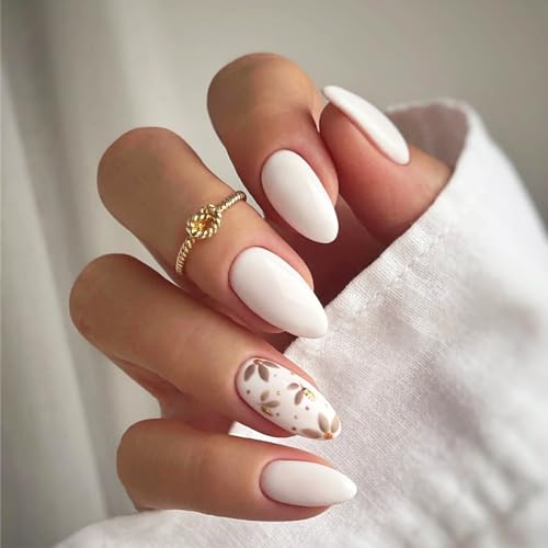 Hand-Painted Acrylic Nails with Delicate Flower Design - Medium Length
