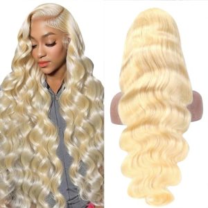 613 Lace Front Wig Human Hair 32 inch 180% Density Body Wave Lace Front Wig Human Hair 613 HD Lace Frontal Wigs Pre Plucked Glueless Blonde Wigs for Women