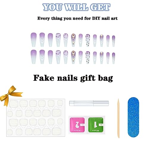 Coffin Press on Nails Long Fake Nails Ombre Purple False Nails with White Flower Printing&Rhinestone luxury Designs French Tip Nails Acrylic Artificial Nails Stick on Nails For Women Girls 24Pcs - Image 4