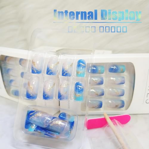 24 Piece Blue Gradient French Tip Press On Nails Sea Marble Glossy Gold Glitter Ombre Curve Acrylic - Image 6