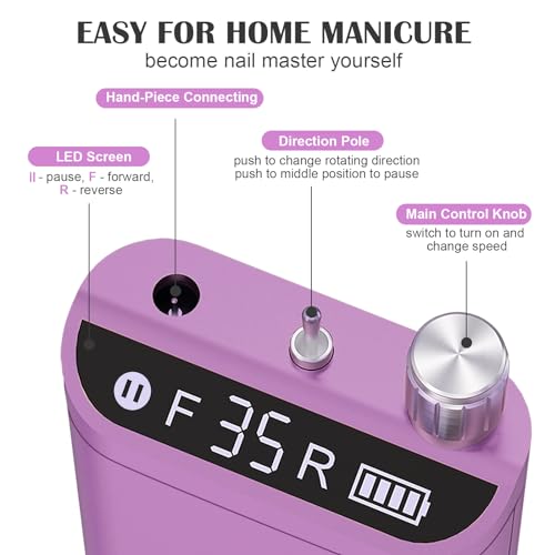 Kredioo Nail Drill, Nail Drills for Professional Acrylic Nails 35000RPM Rechargeable Portable Electric File Drill Machine with 10 Bits Set Quickly Remove Gel Polish Salon Quality Manicure-Purple - Image 6
